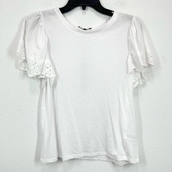 T Tahari White Eyelet Flutter Sleeve Classic Summer Tee Modal Feminine NWT - Picture 1 of 8